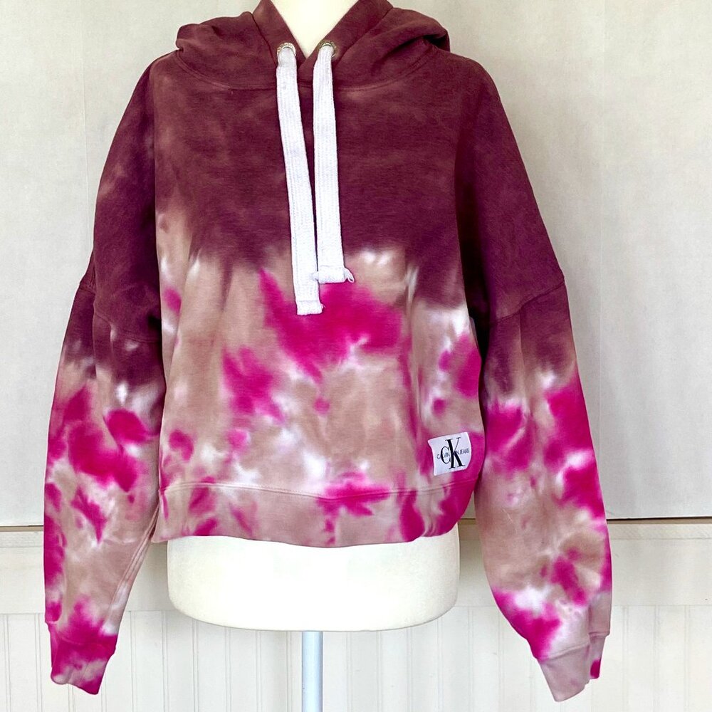 90's Y2K Cropped Boxy Calvin Klein Pink Tie Dye Hoodie Sweatshirt Sz M